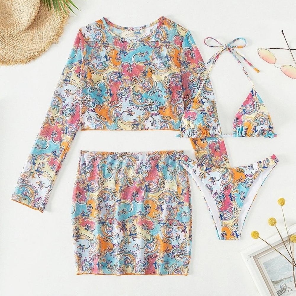SHEIN cute 4 piece bikini, top and skirt coverup set!!
